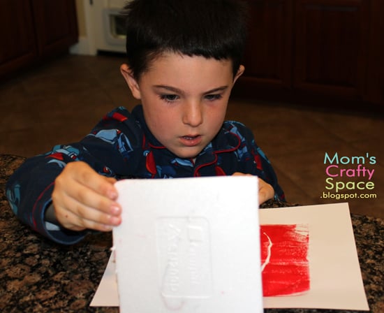 child peeling and revealing styrofoam block stamp image 