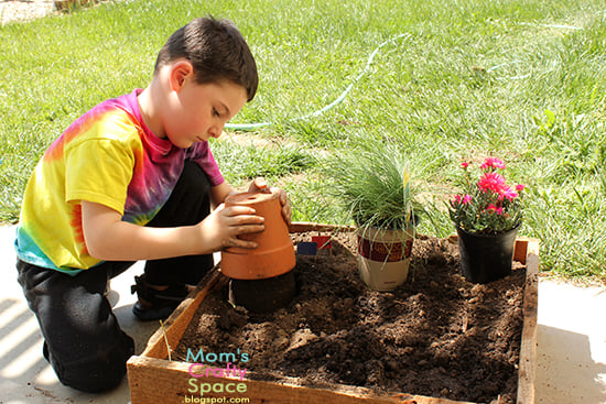 child unpotting plants and adding to fairy garden soil