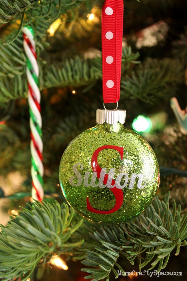 green glitter kids name ornament on tree