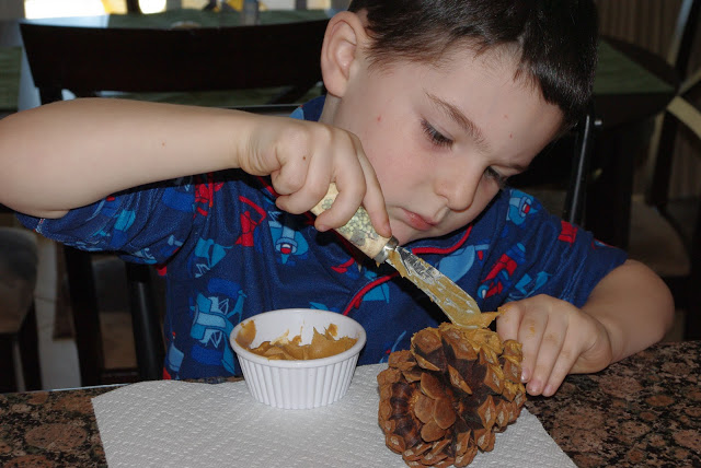 child spreading peanut butter on pine cone