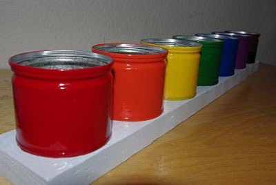 colorful crayon holder made from tin cans